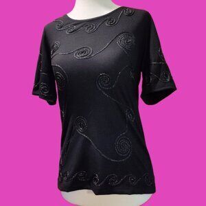 OBJECTS D'ART Black Short Sleeve Glittery Thread Accent Blouse Top Size Small